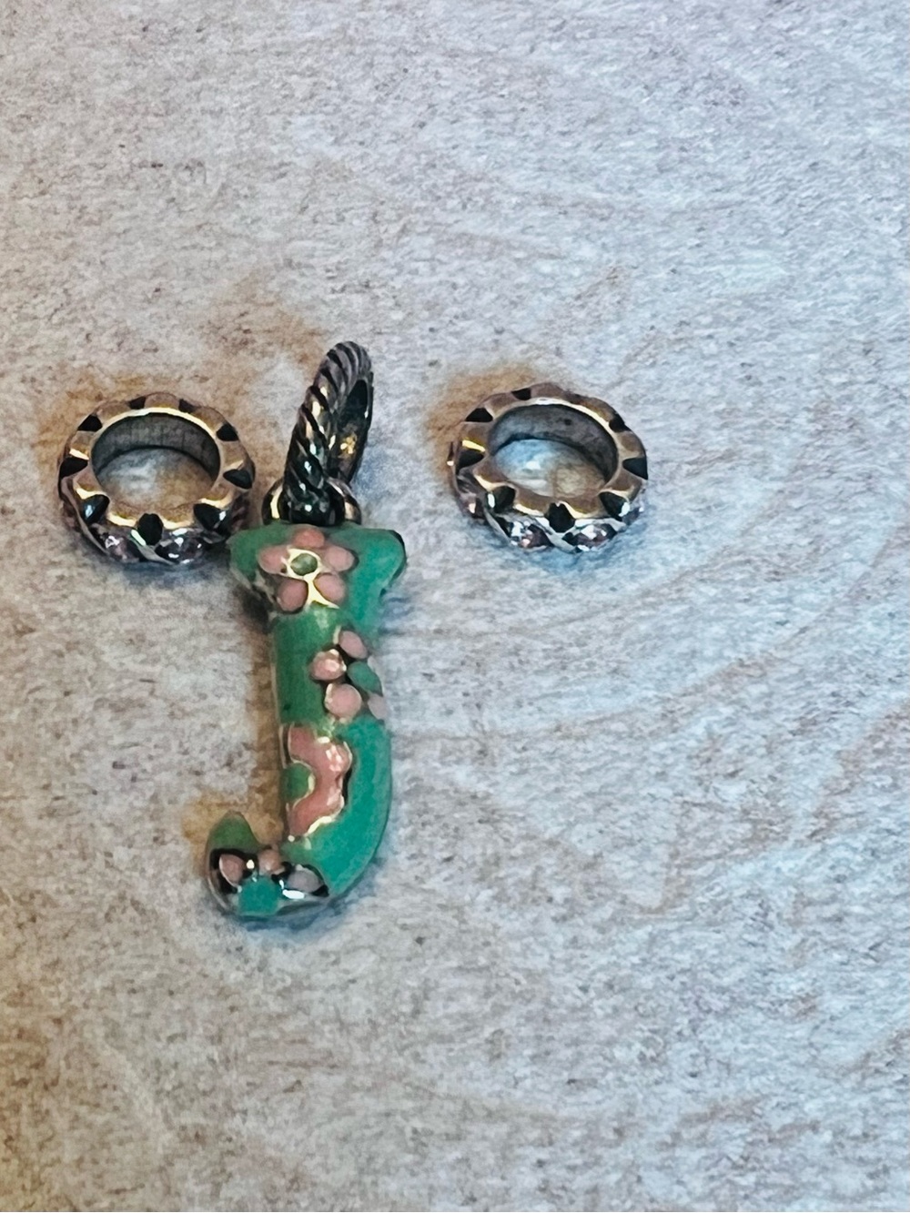Brighton- Green Enamel Floral 'J' Initial Pendant with pink Silver Accent Rings